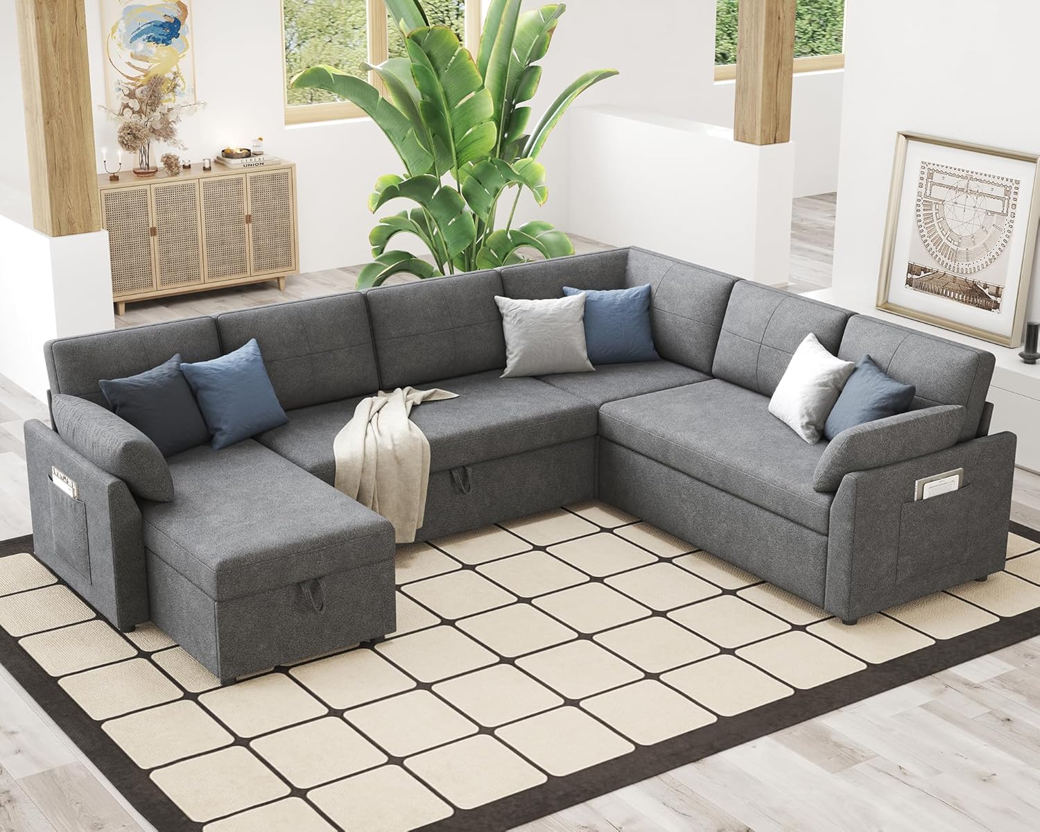 VanAcc Sofa Bed Sleeper Sofa with Storage Chaise 2 in 1 Pull Out Couch Living Room wourant