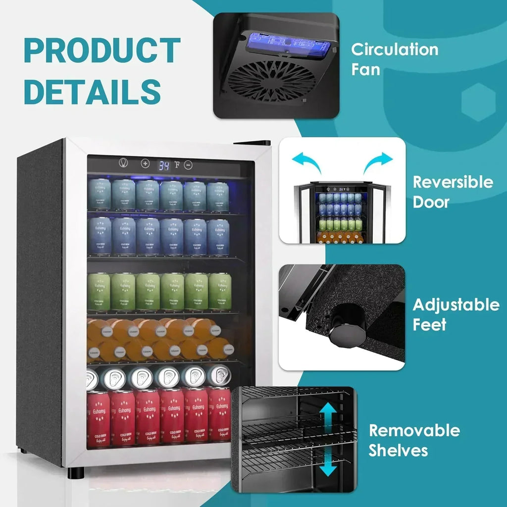 EUHOMY Beverage Refrigerator Cooler 130 Can Mini Fridge with Glass Door Beverage Cooler wourant
