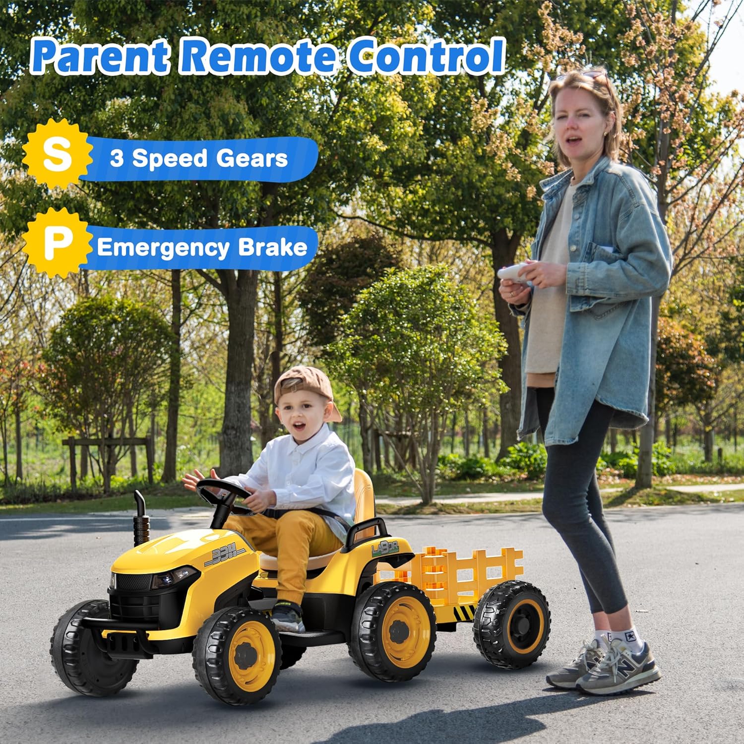 24V Ride On Tractor Tiltable Detachable Trailer 2x65W Motors EVA Tires Remote Control wourant