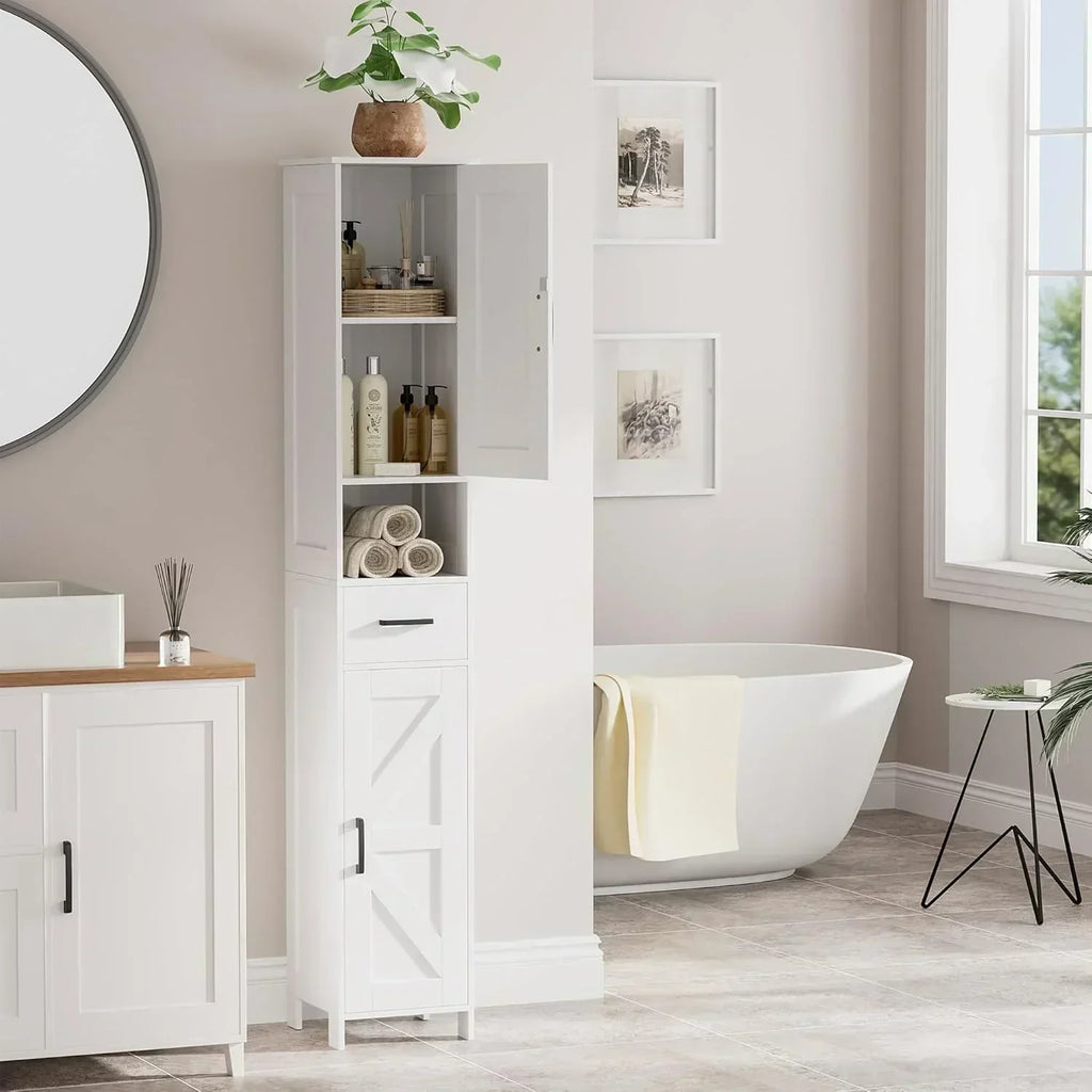 Homhedy 67" H Tall Bathroom Storage Cabinet with 2 Barn Doors and 1 Drawer Narrow Storage Unit wourant