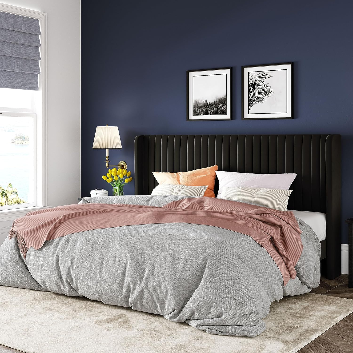 Allewie Full Size Velvet Bed Frame Vertical Channel Tufted Wingback Headboard Upholstered Bed wourant