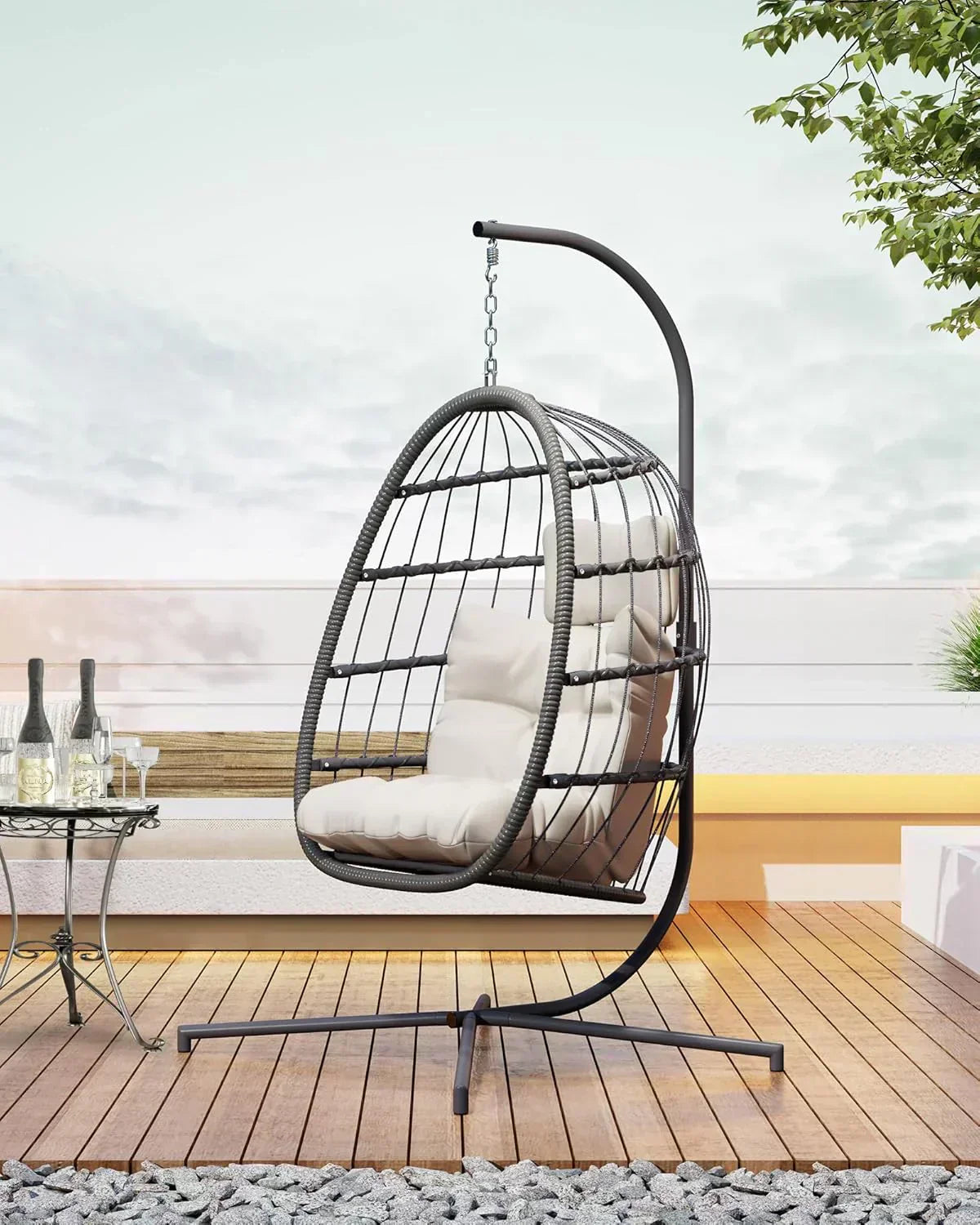 HWB Hanging Egg Chair with Stand Patio Wicker Hammock Egg Swing Chair Cushion for Bedroom wourant