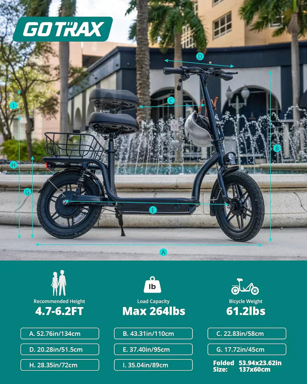 Gotrax adult electric scooter with seat maximum range of 19-25 miles all-terrain tires wide pedals wourant