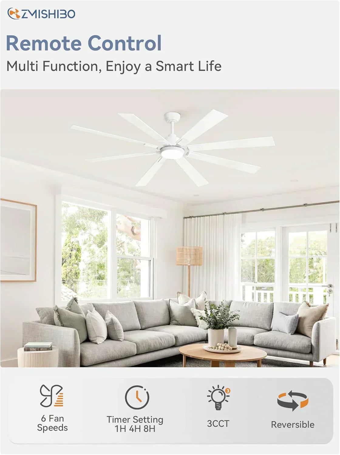 Zmishibo 72-inch large ceiling fan with lighting and remote indoor/outdoor wourant