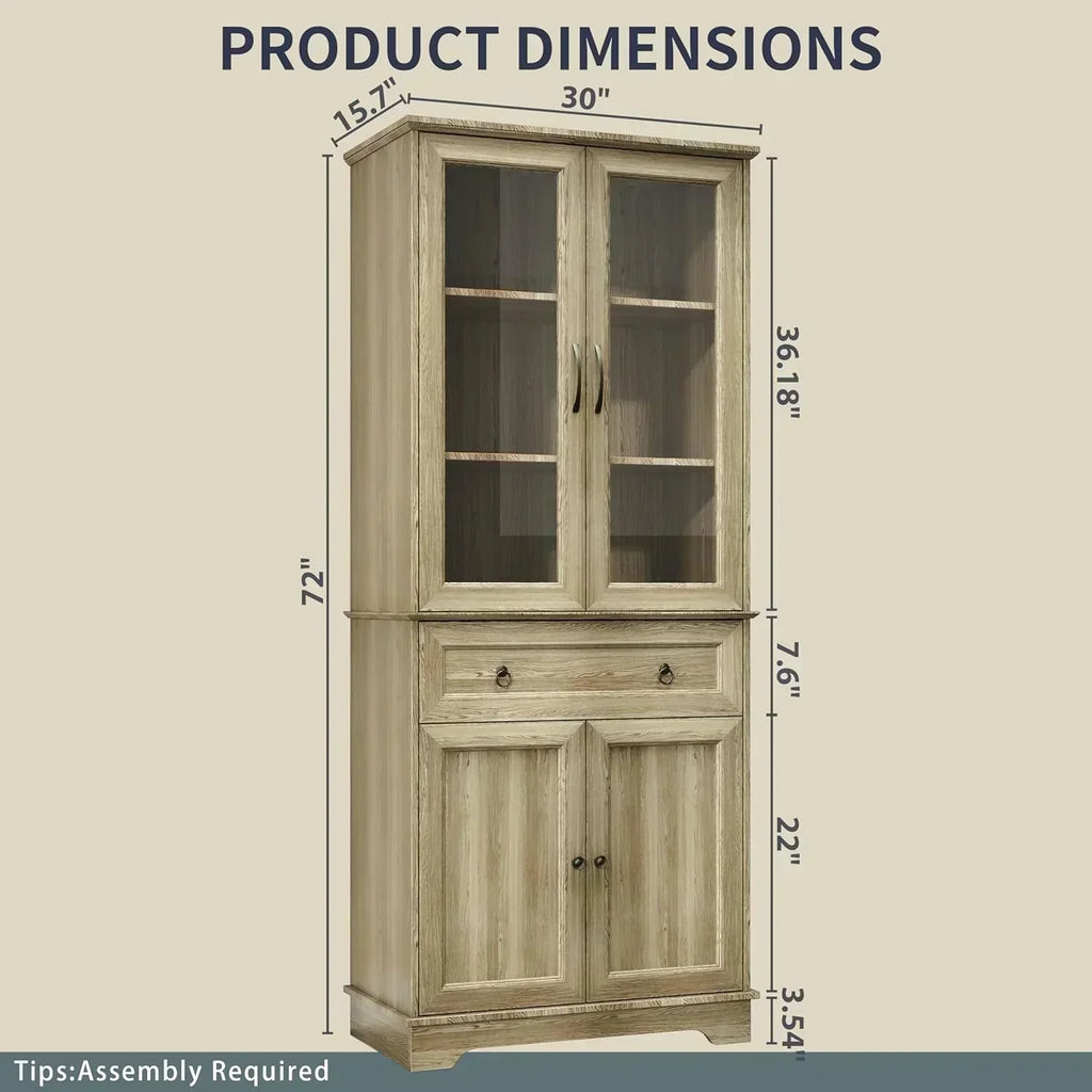 Kitchen Hutch Pantry Cabinet 71" Tall with Glass Doors wourant