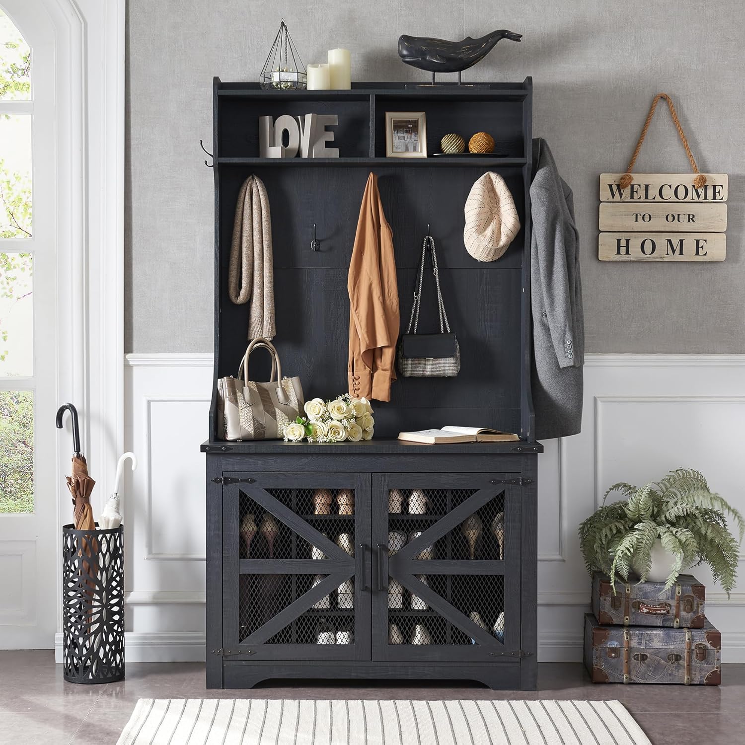 JXQTLINGMU 59-inch Farmhouse Foyer Tree Shoe Storage Entryway Bench Foyer Coat Rack Cabinet wourant