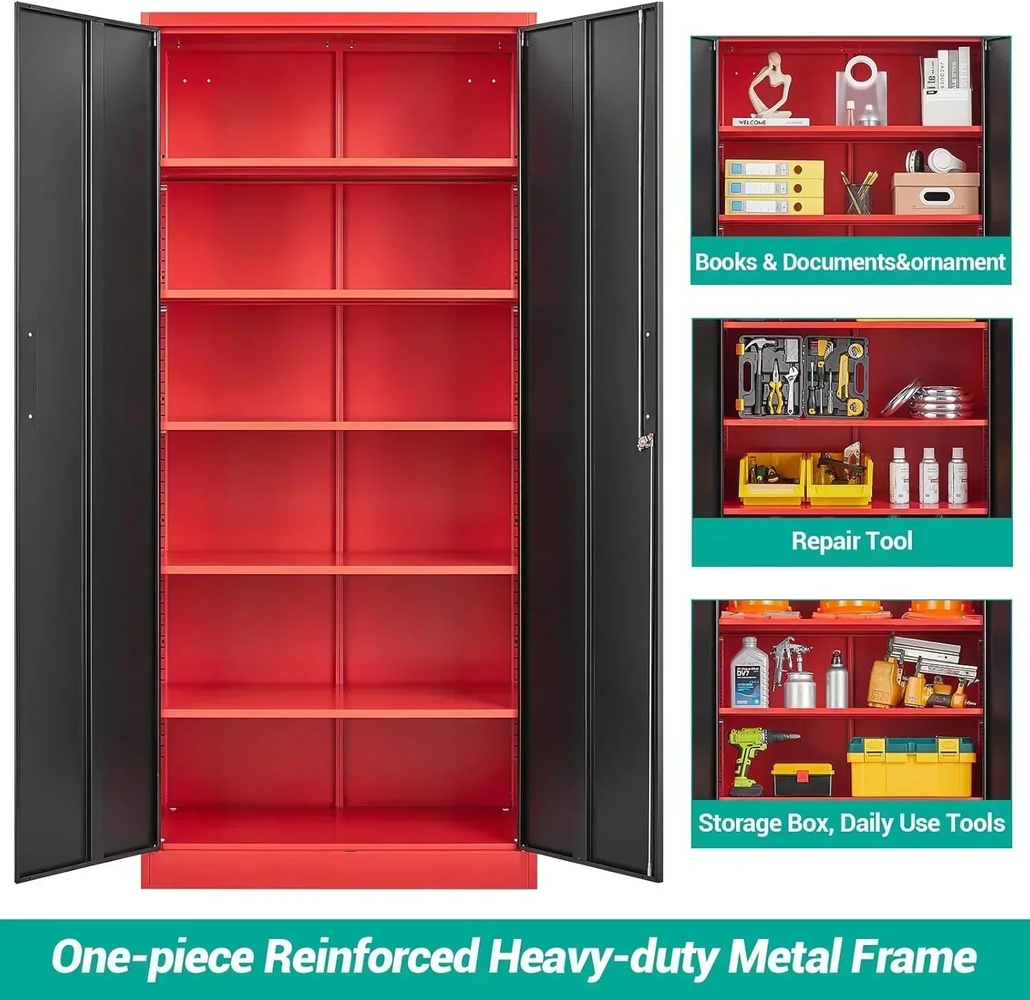 Metal Storage Cabinet with 2 Doors and 6 Shelves Black Metal Cabinet Garage Storage Cabinet wourant