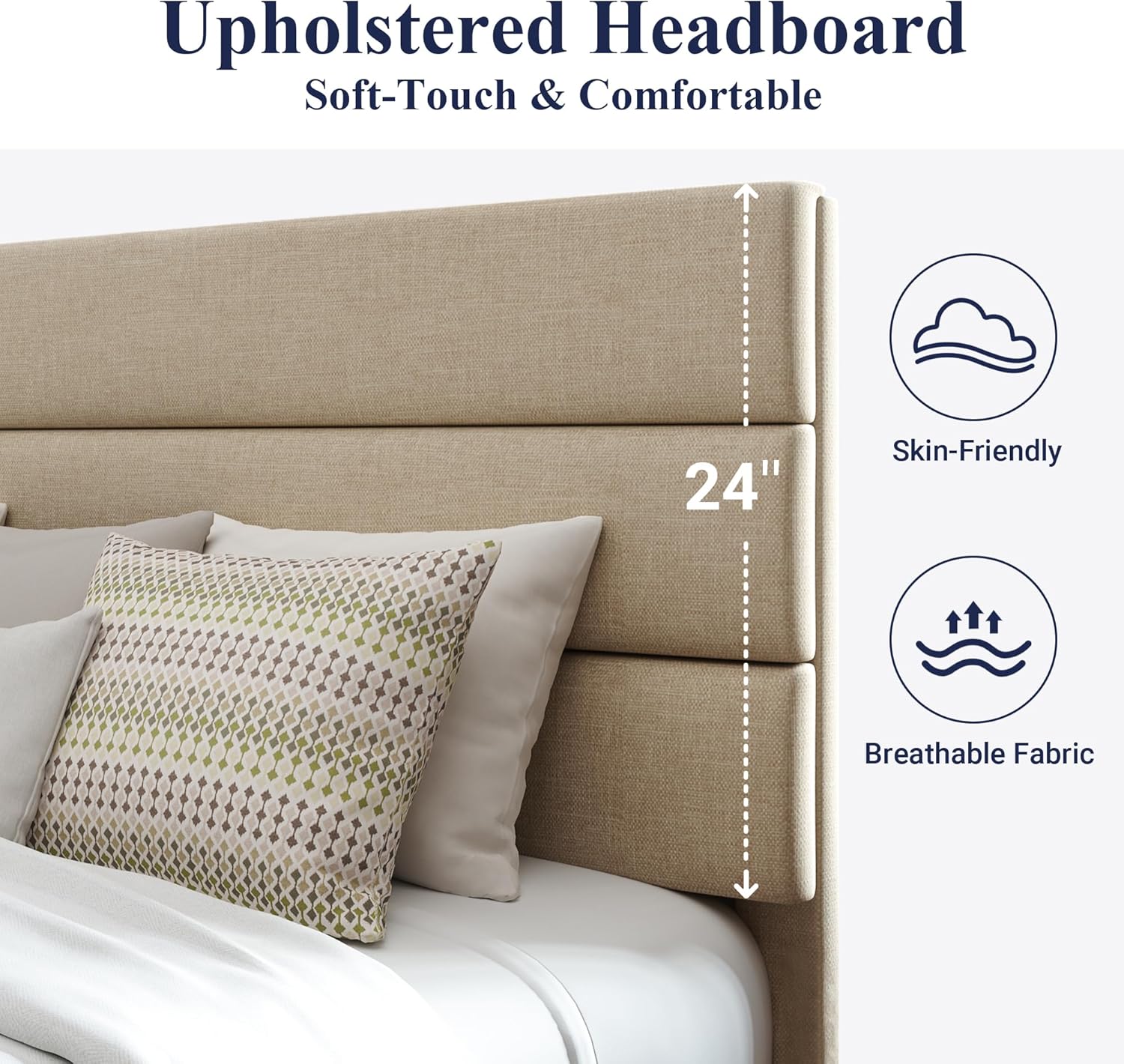 Allewie King size platform bed frame with velvet upholstered headboard and planks wourant
