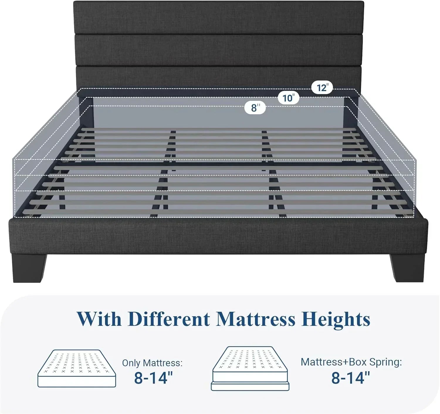 Allewie King size platform bed frame with velvet upholstered headboard and planks wourant