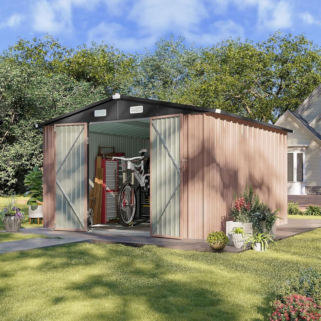Aoxun 12x10 FT Shed Metal Outdoor Waterproof Storage Shed Steel Utility Garden Tool Shed wourant