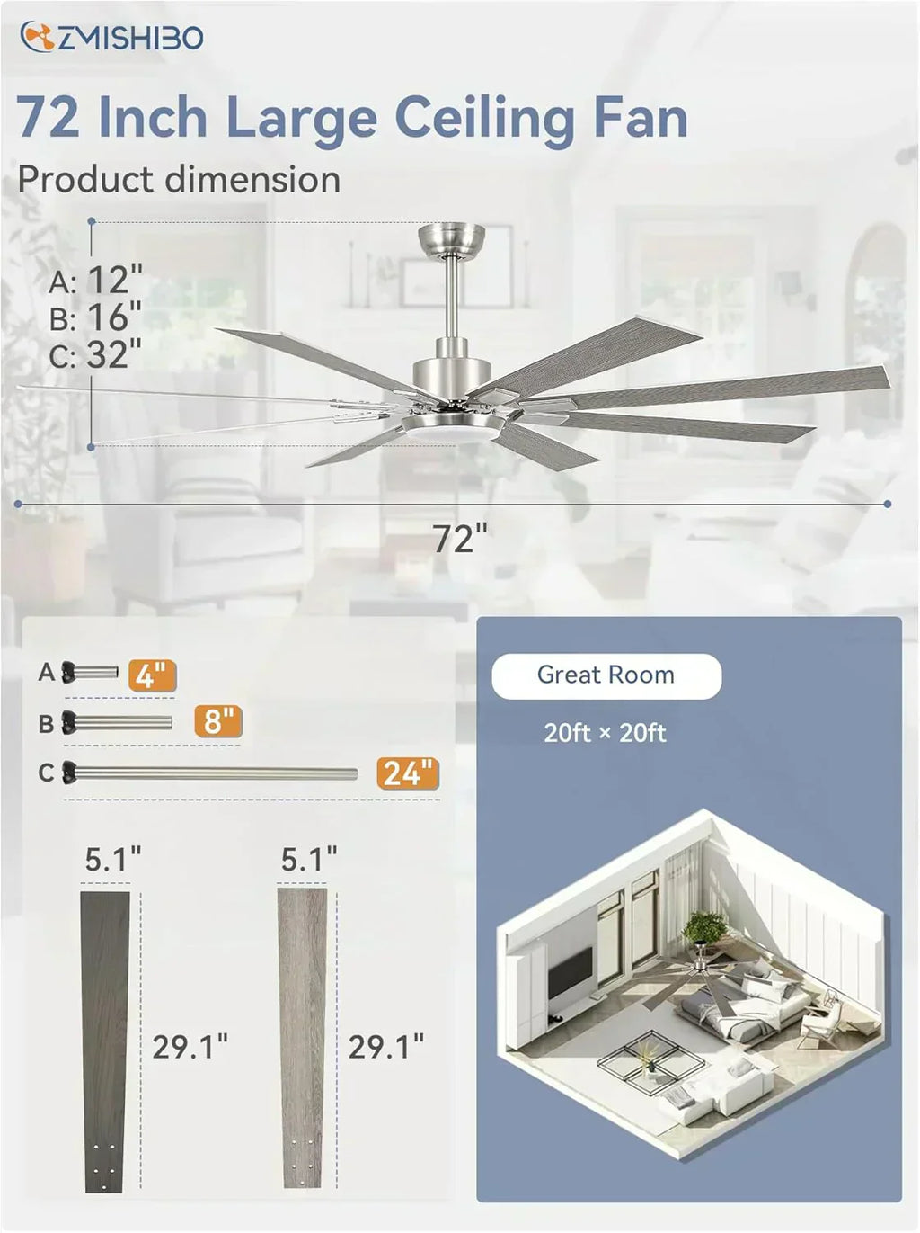 Zmishibo 72-inch large ceiling fan with lighting and remote indoor/outdoor wourant