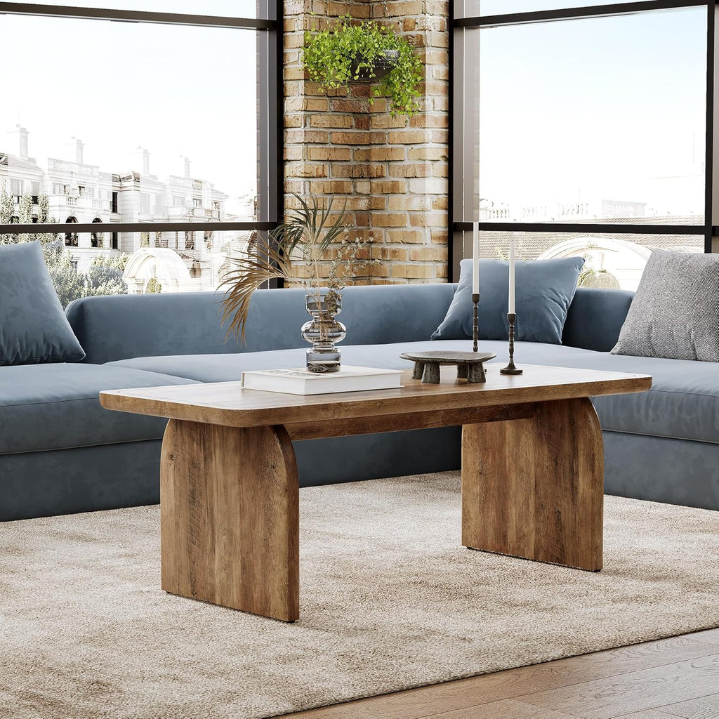 LITTLE TREE Farmhouse Coffee Table 47 Inch Round Corner Wood Center Table Rectangular wourant