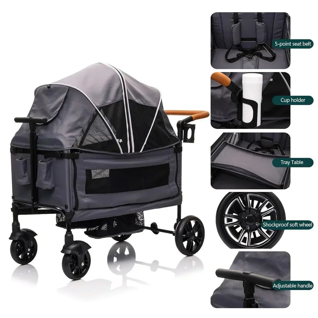 Wagon Stroller for 2 Kids Cargo-Travel Stroller Push-Pull Double Wagon Lightweight Folding Stroller wourant