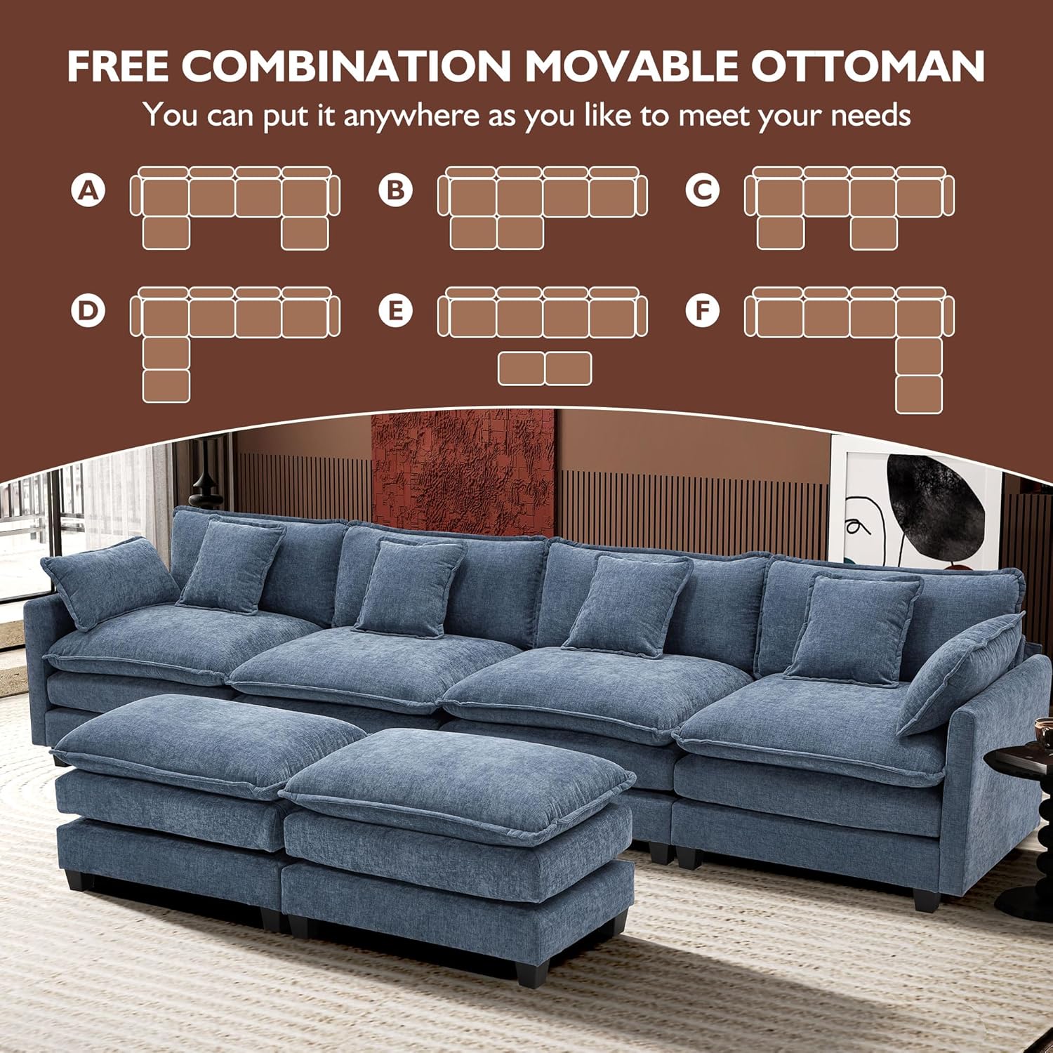 111.4 Inch L Shaped Modern Sofa Modular Cloud Sofa with Ottoman 4 Seater Chenille Deep Seat Sofa wourant
