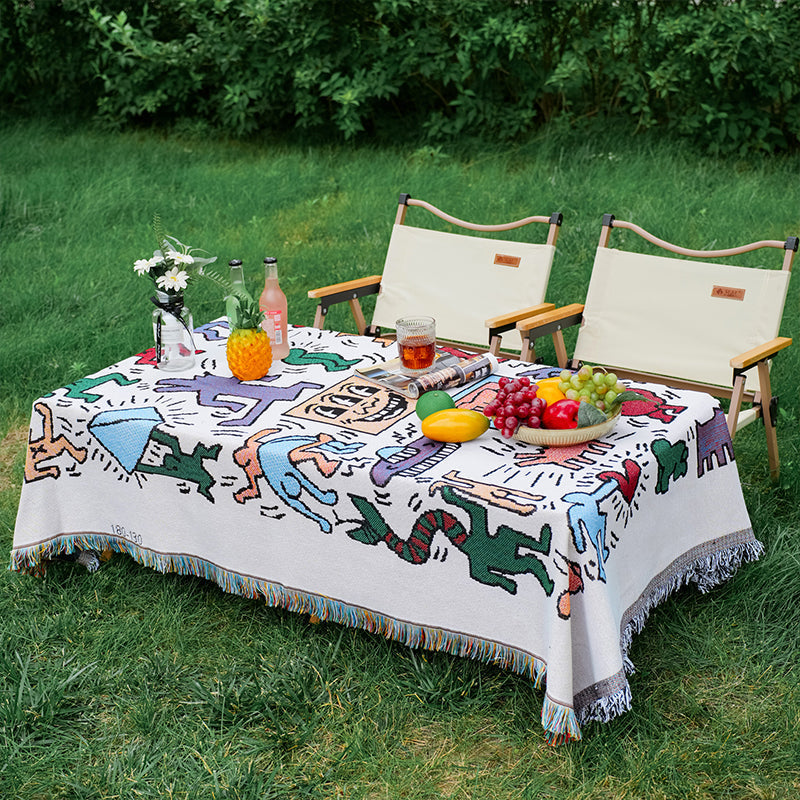 Leinen-Picknicktischdecke, amerikanische Cartoon-Outdoor-Campingmatte für Rasenpicknicks wourant