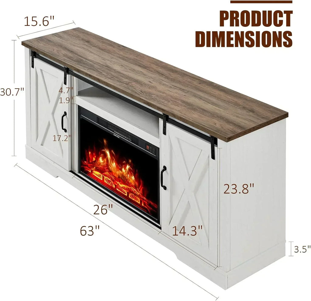 AMERLIFE Fireplace TV Stand with Sliding Barn Door  Farmhouse 63" Fireplace Entertainment Center wourant