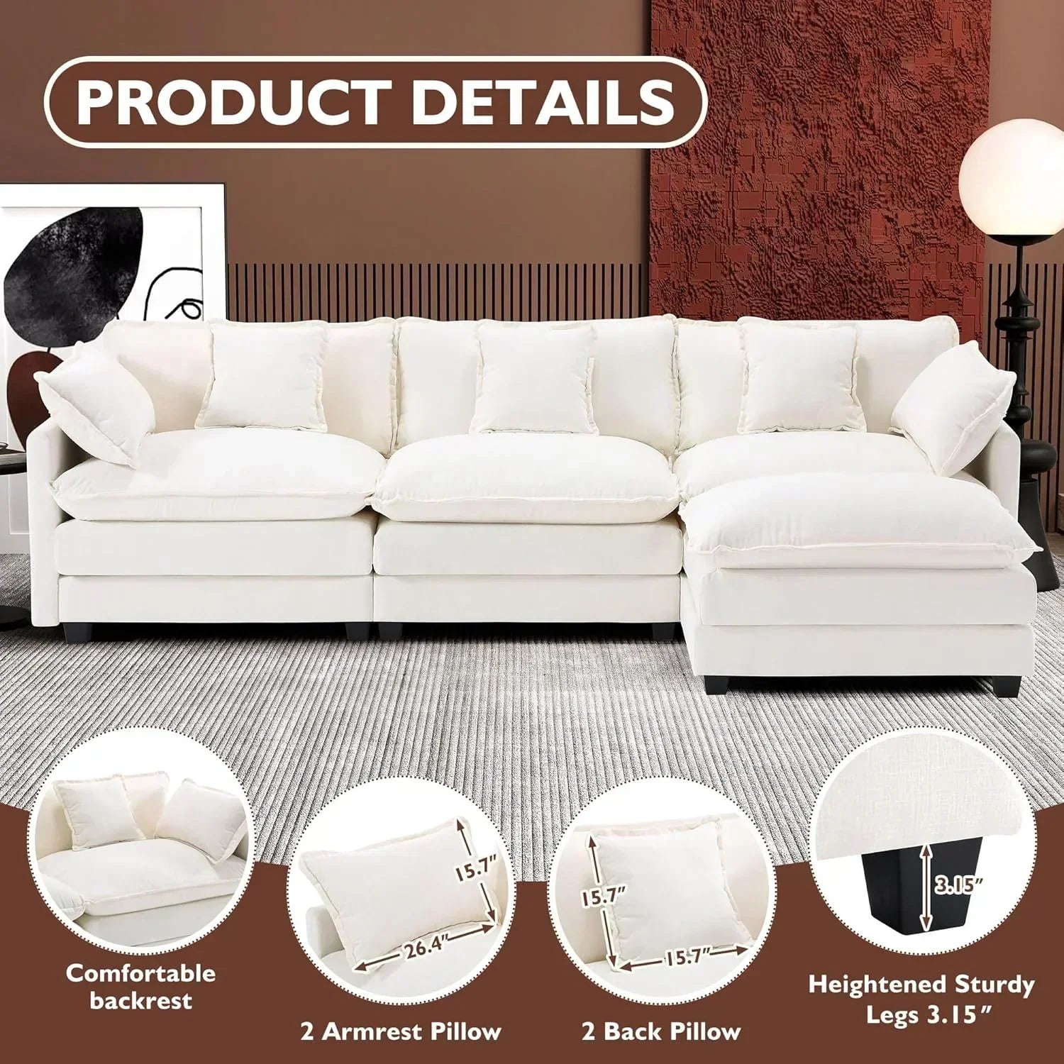 ihanherry 146-inch U-shaped modern sofa modular area cloud sofa wourant