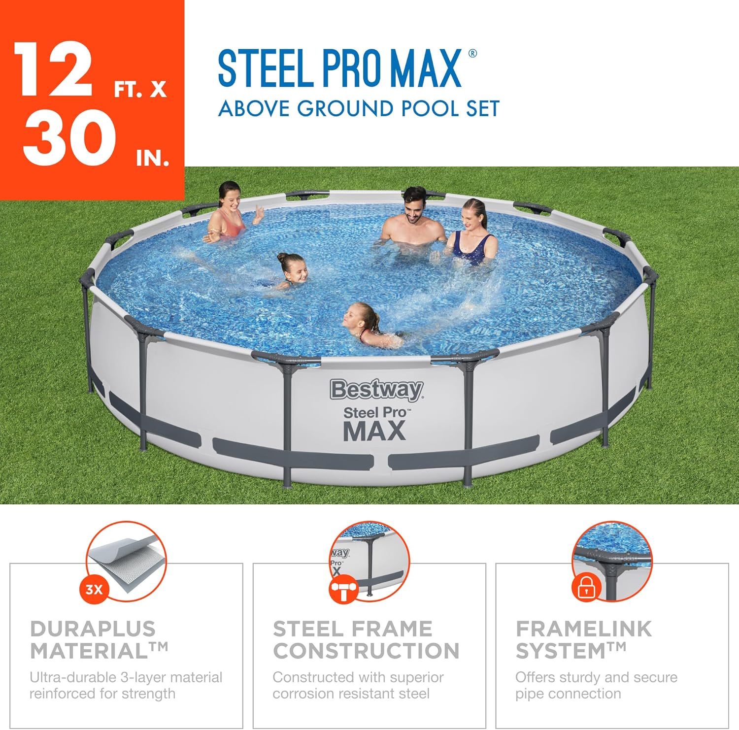 Steel Pro MAX 10 Foot x 30 Inch Round Metal Frame Above Ground Backyard Swimming Pool Set wourant