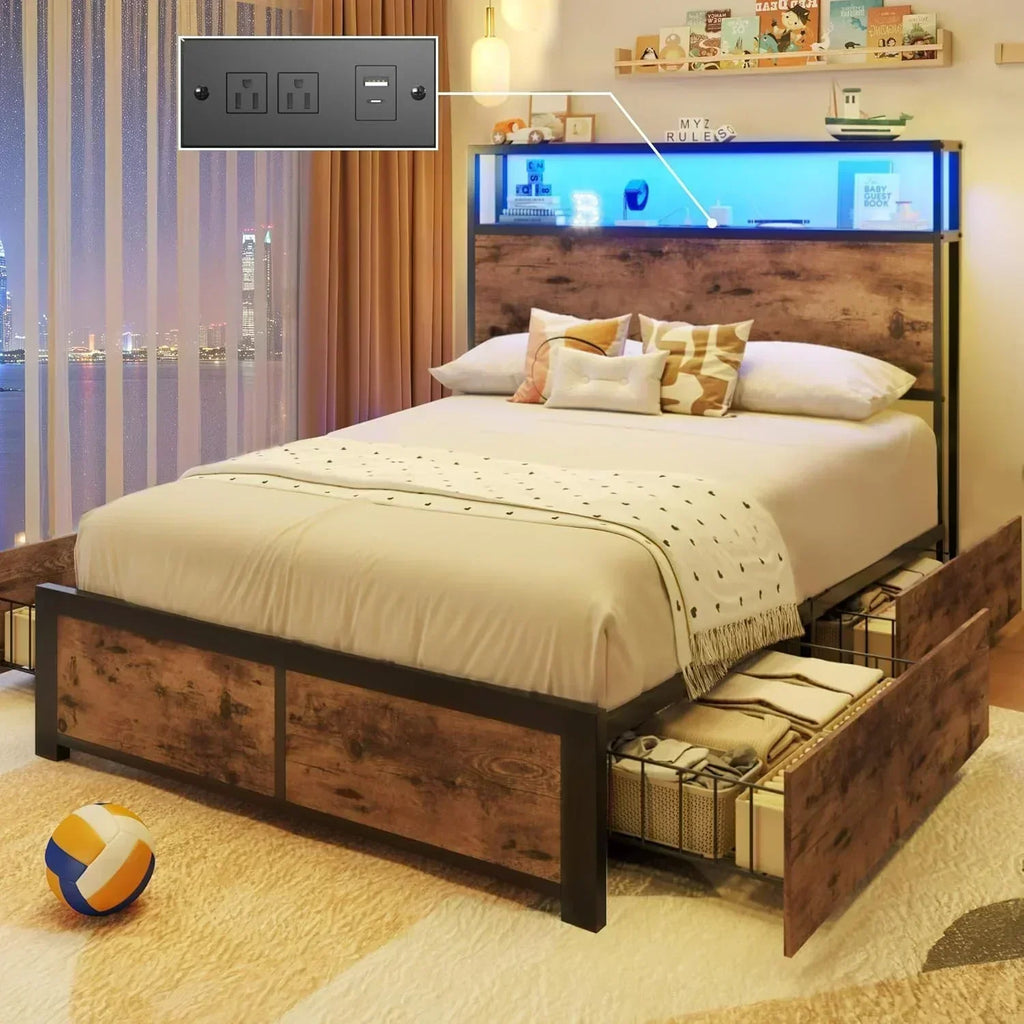 Lifezone Queen Bed Frame 2-Tier Storage Headboard Metal Platform Bed Frame 4 Storage Drawers wourant