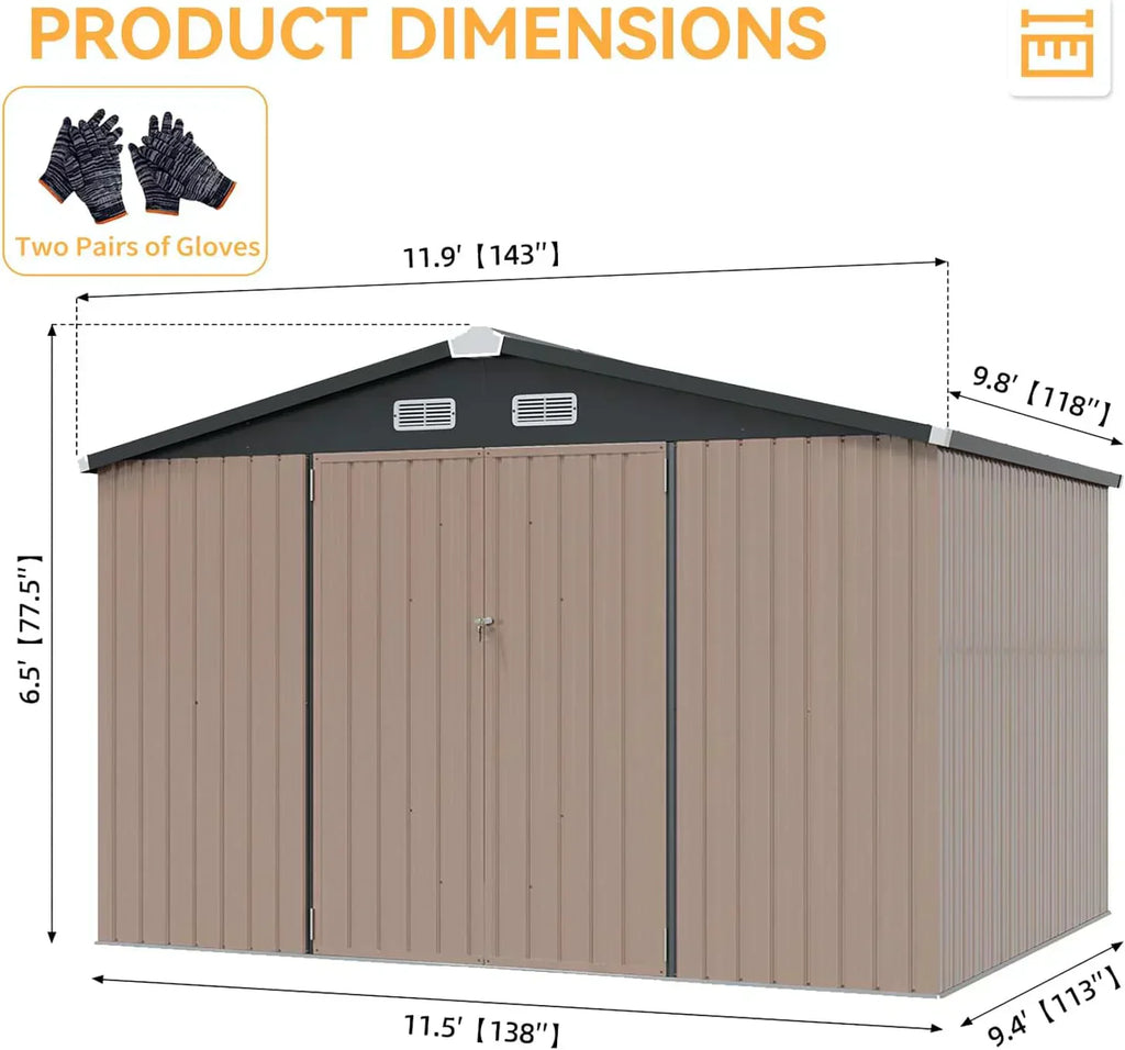 Aoxun 12x10 FT Shed Metal Outdoor Waterproof Storage Shed Steel Utility Garden Tool Shed wourant