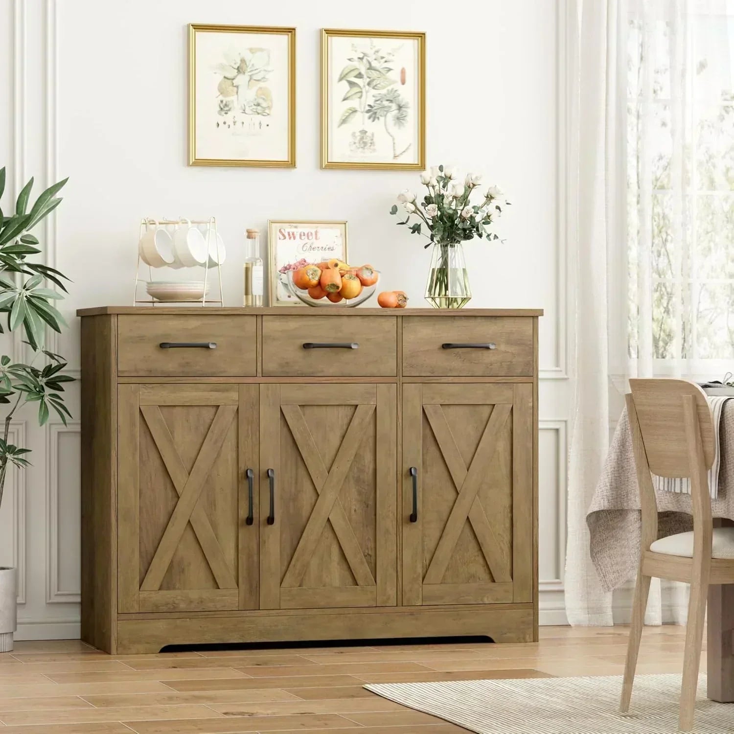 Modern farmhouse sideboard barn door buffet storage cabinet with drawers and shelves wourant