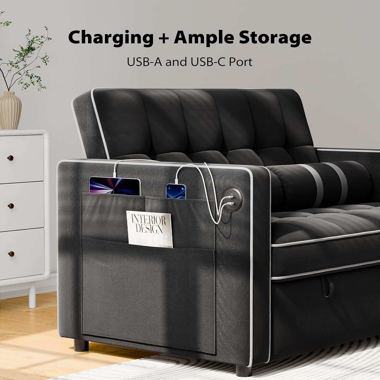 Pipishell 3 in 1 Convertible Sleeper Sofa Bed Pull Out Couch for Living Room USB Ports Side Pockets wourant