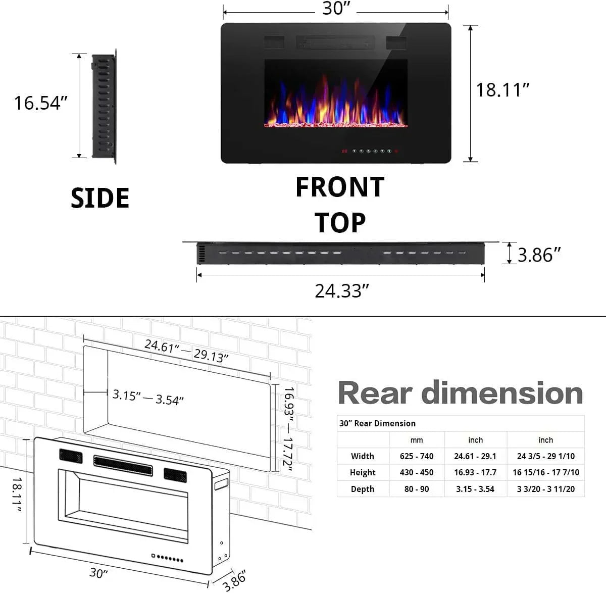 R.W.FLAME 60" Recessed and Wall Mounted Electric Fireplace Low Noise Fit for 2 x 6 Stud wourant