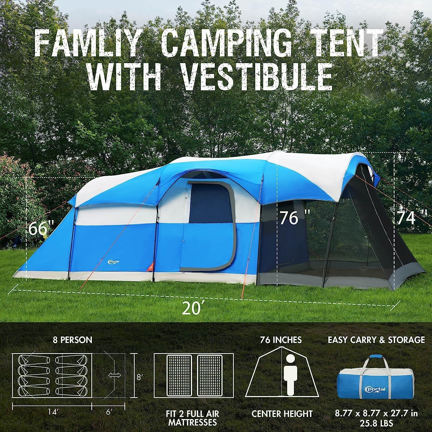 PORTAL 6/8/10 Person Family Camping Tent with Screen Room Water Resistant Big Tunnel Tent wourant