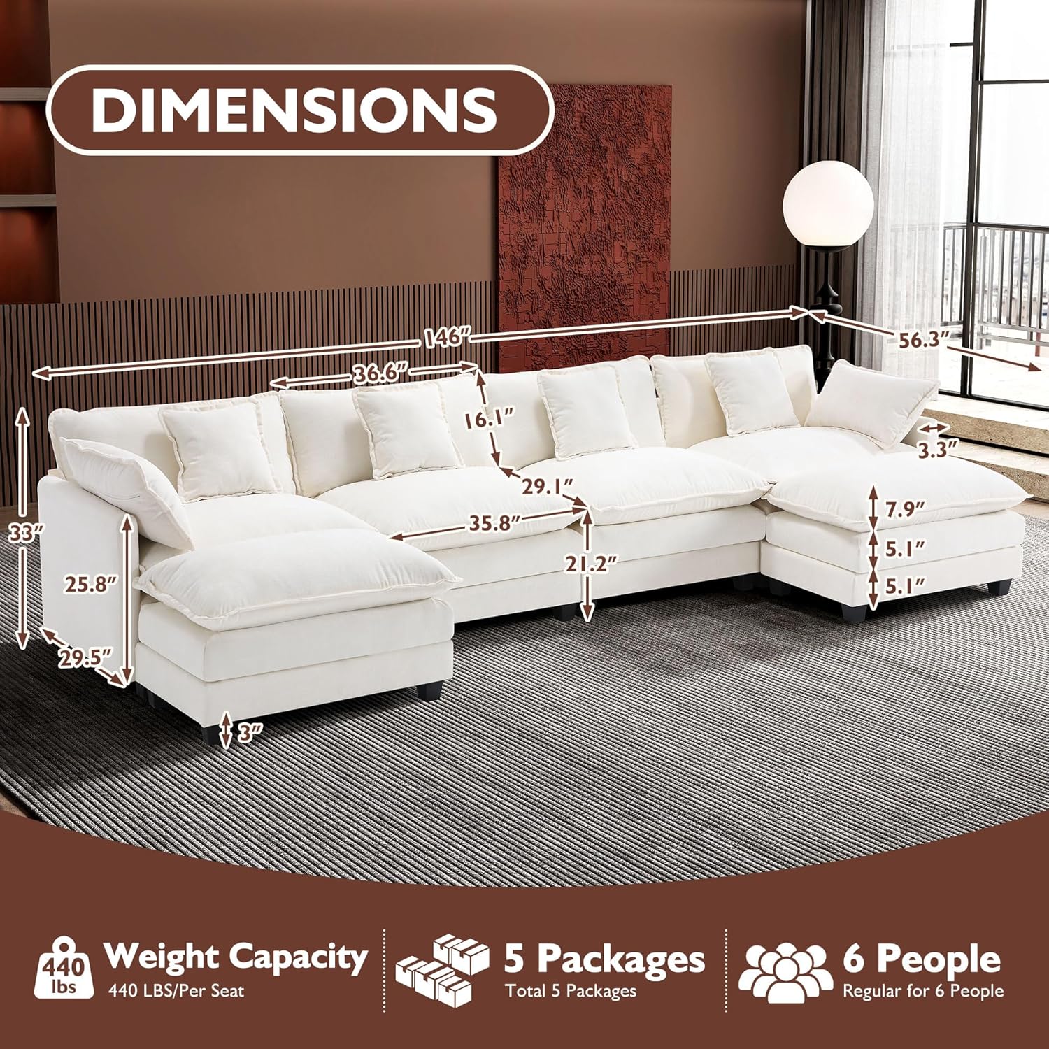 ihanherry 146-inch U-shaped modern sofa modular area cloud sofa wourant