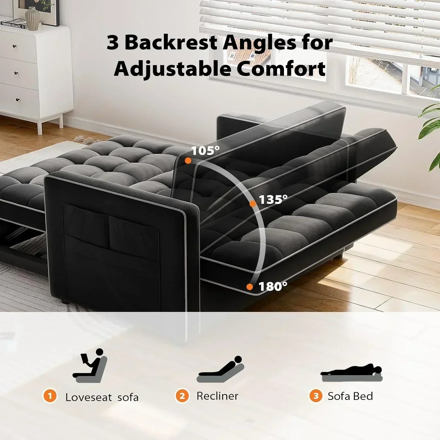 Pipishell 3 in 1 Convertible Sleeper Sofa Bed Pull Out Couch for Living Room USB Ports Side Pockets wourant