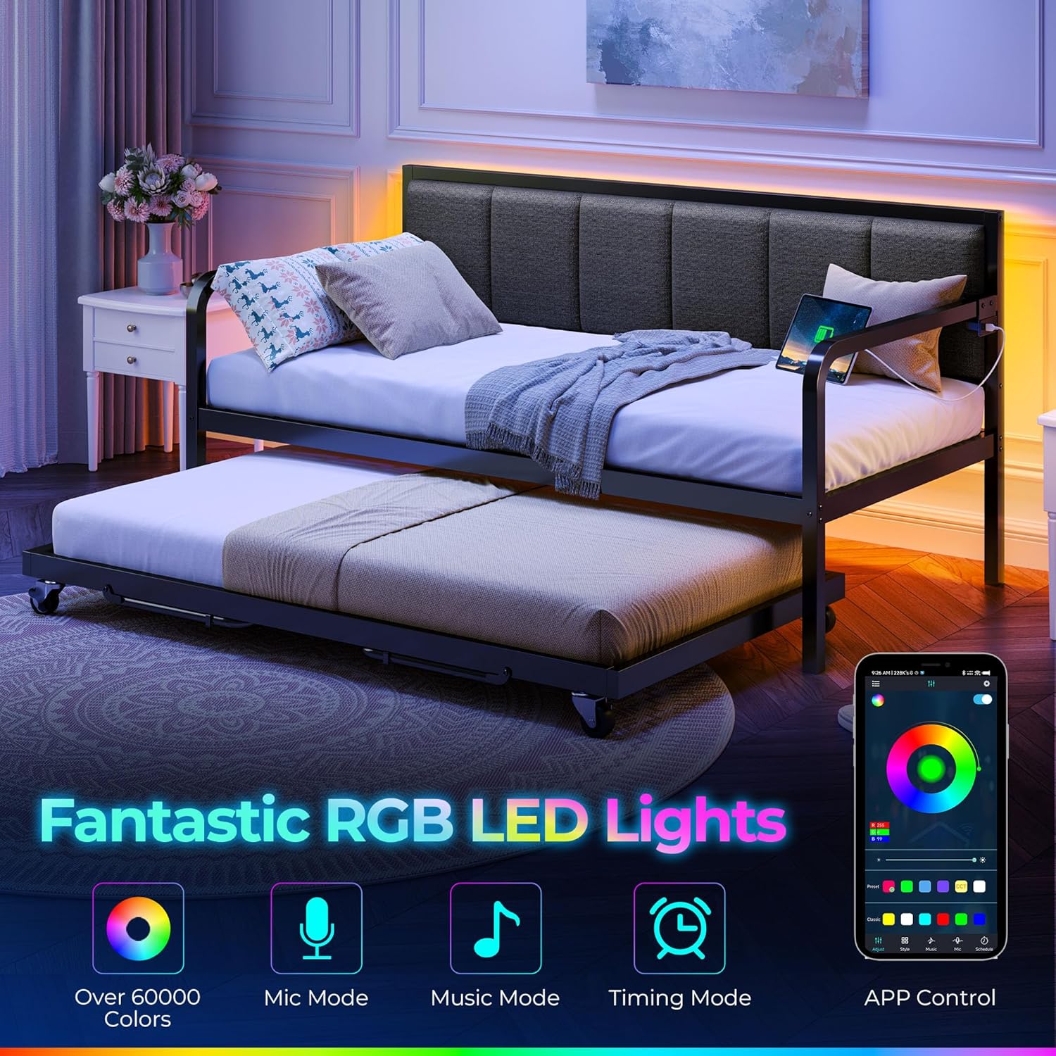 Rolanstar Daybed with Charging Station and LED Lights Height Adjustable Twin Daybed wourant