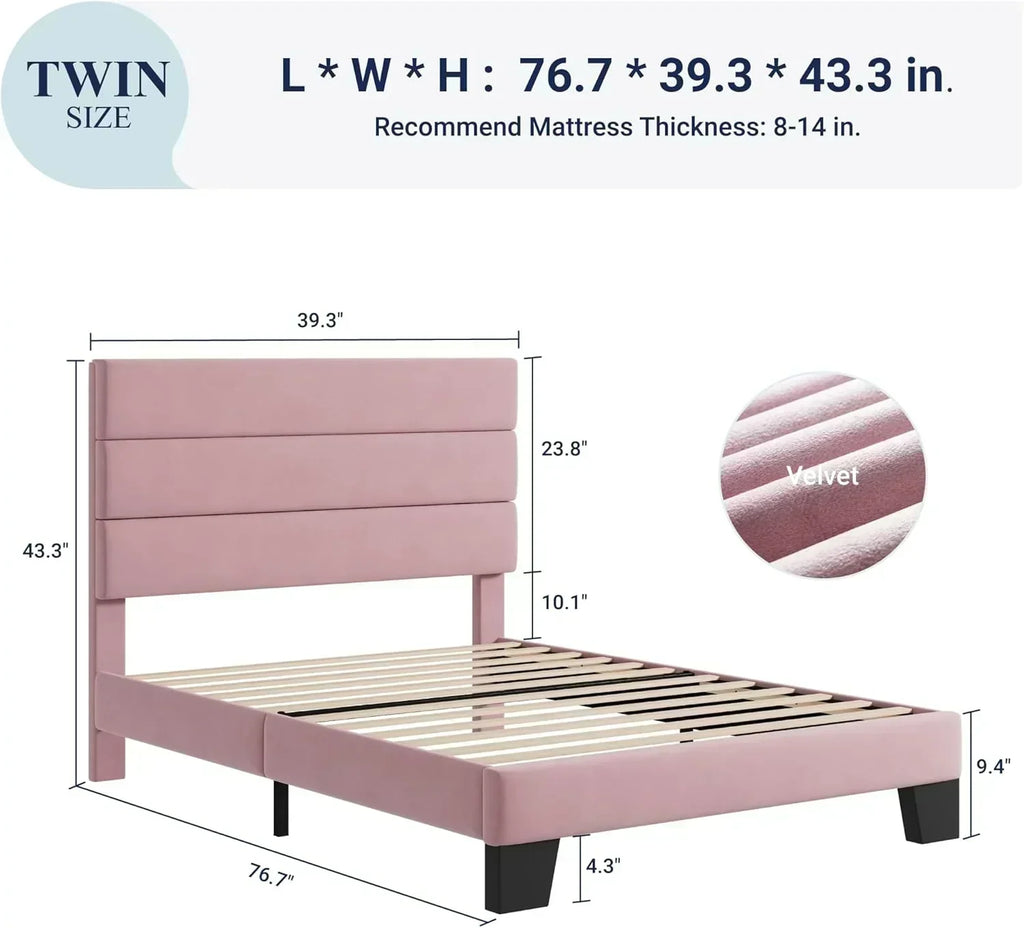 Allewie King size platform bed frame with velvet upholstered headboard and planks wourant