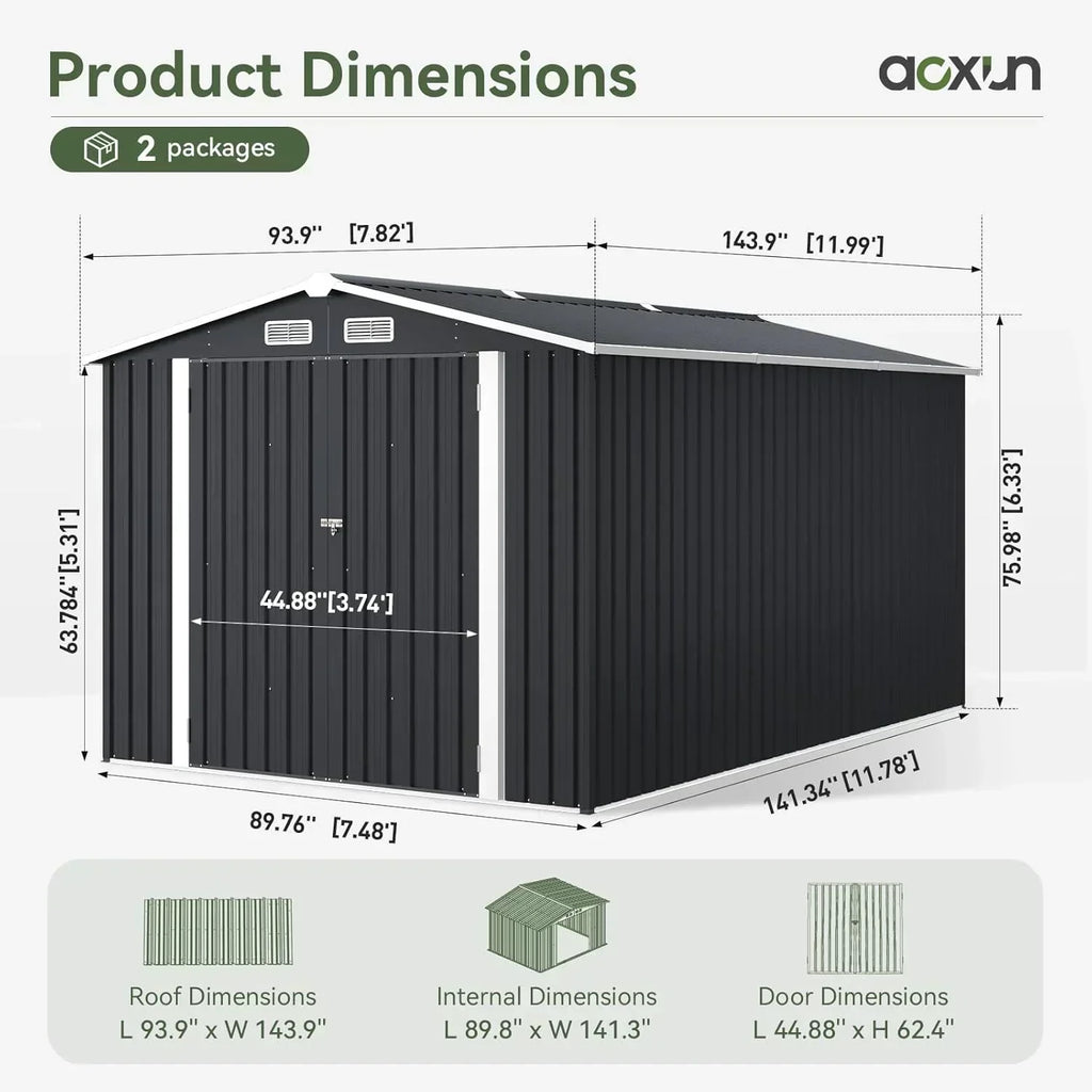 Aoxun 12x10 FT Shed Metal Outdoor Waterproof Storage Shed Steel Utility Garden Tool Shed wourant