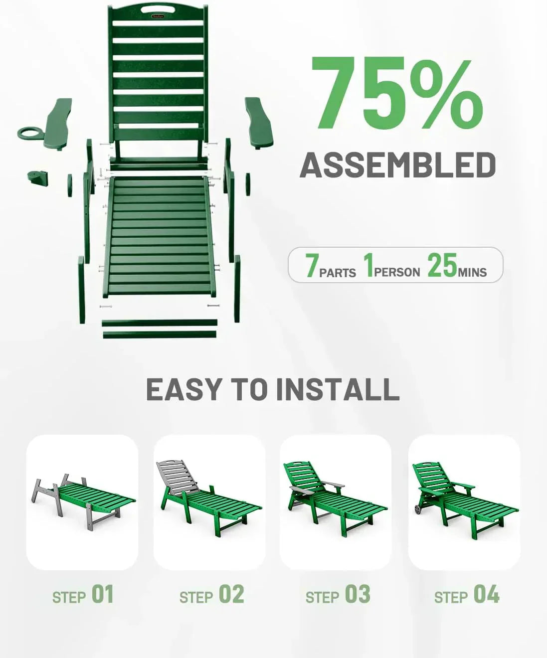 Lounge Chair Outdoor Chaise Lounge HDPE 6-Position Outdoor Chaise Lounge Patio Lounge Chair wourant