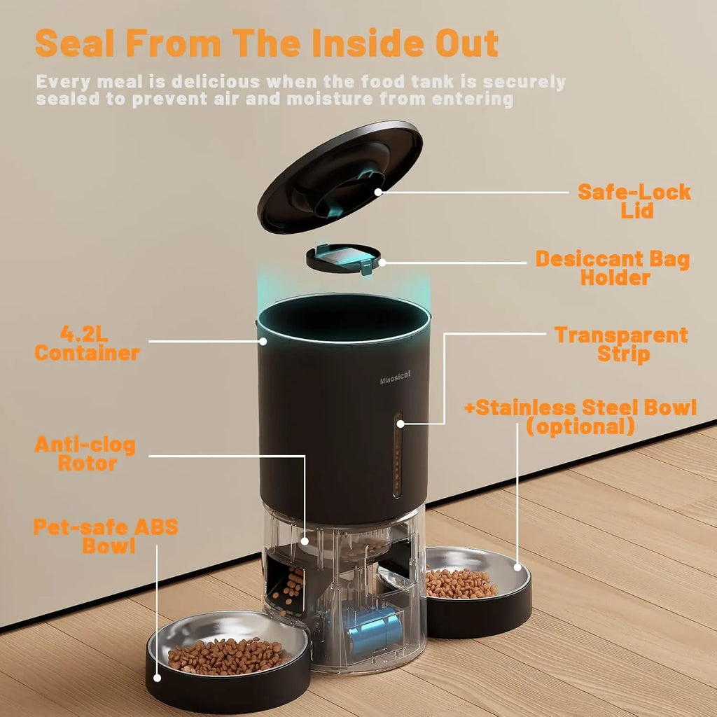 4.2L Automatic Cat Feeder for 2 Cats Dual Bowls WiFi App Timed Feeding Whisker Friendly anfaavocat