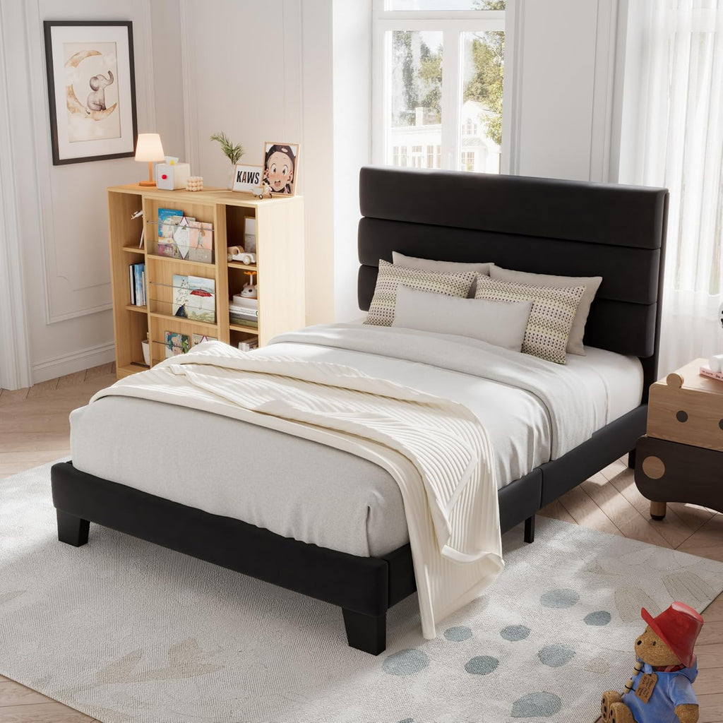 Allewie King size platform bed frame with velvet upholstered headboard and planks wourant