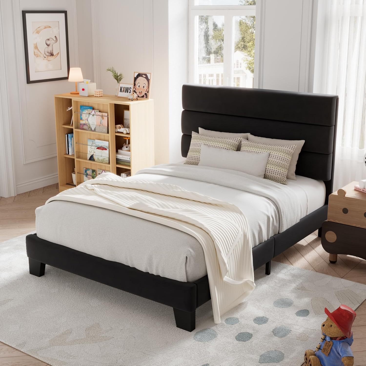 Allewie King size platform bed frame with velvet upholstered headboard and planks wourant