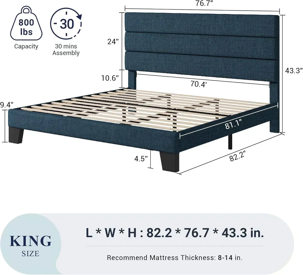 Allewie Queen Size Platform Bed Frame with Fabric Upholstered Headboard Wooden Slats Support wourant