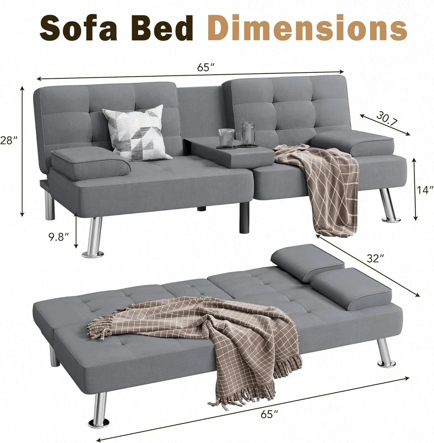 Shahoo Modern Linen Upholstered Convertible Folding Futon Sofa Bed with Removable Armrests wourant