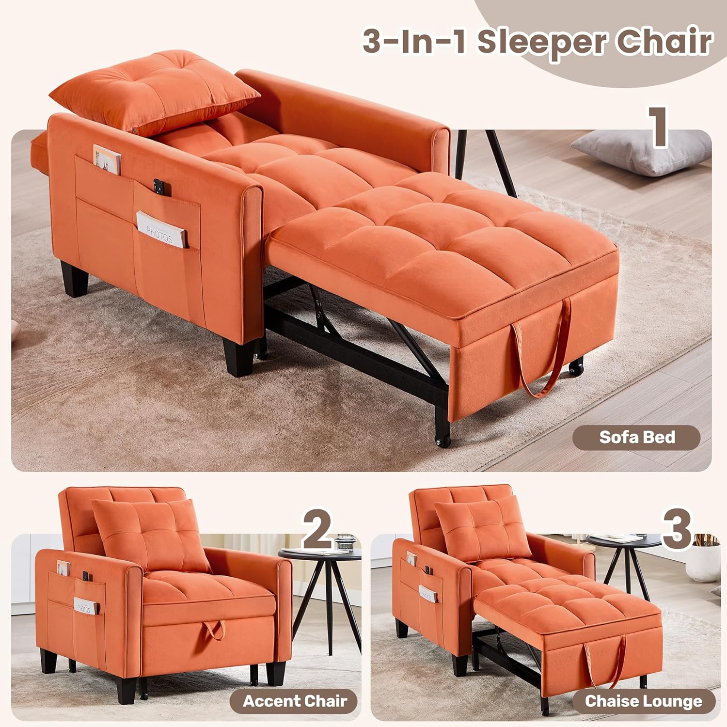 Convertible Sleeper Chair 3 in 1 Sleeper Chair Bed Pull Out Sofa Bed Chairs Velvet Single Sofa wourant