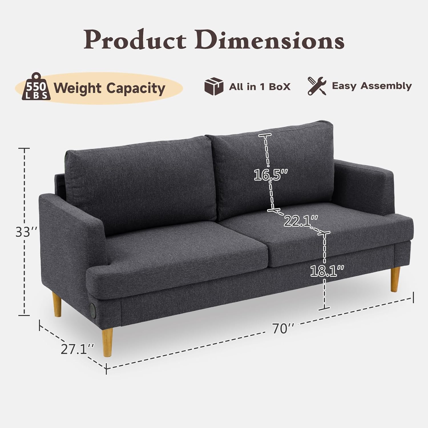 Loveseat Sofa Couch for Living Room with USB Type C Ports Dark Gray Upholstered Small Couches wourant