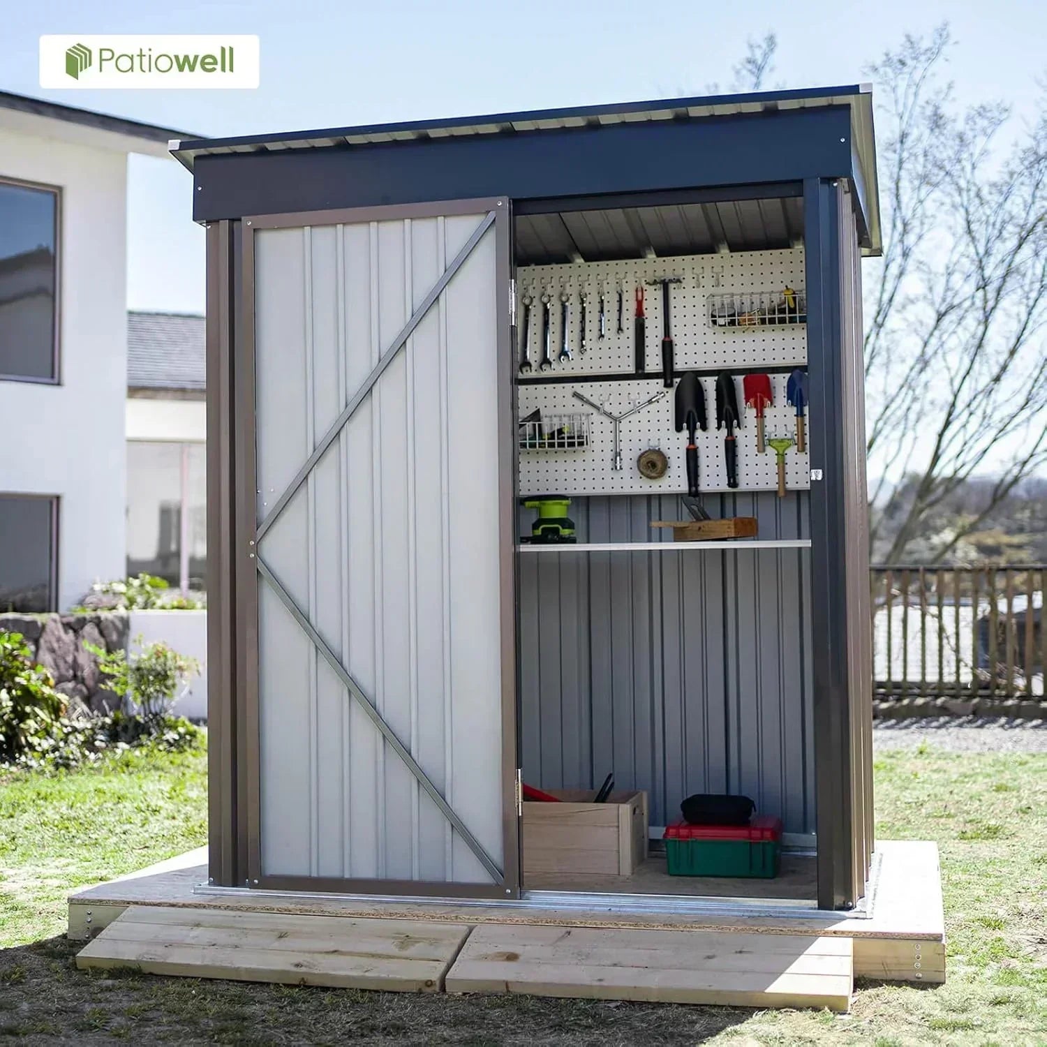 Patiowell 5x3 FT Outdoor Storage Shed Tool Shed with Sloping Roof and Lockable Door Metal Shed wourant