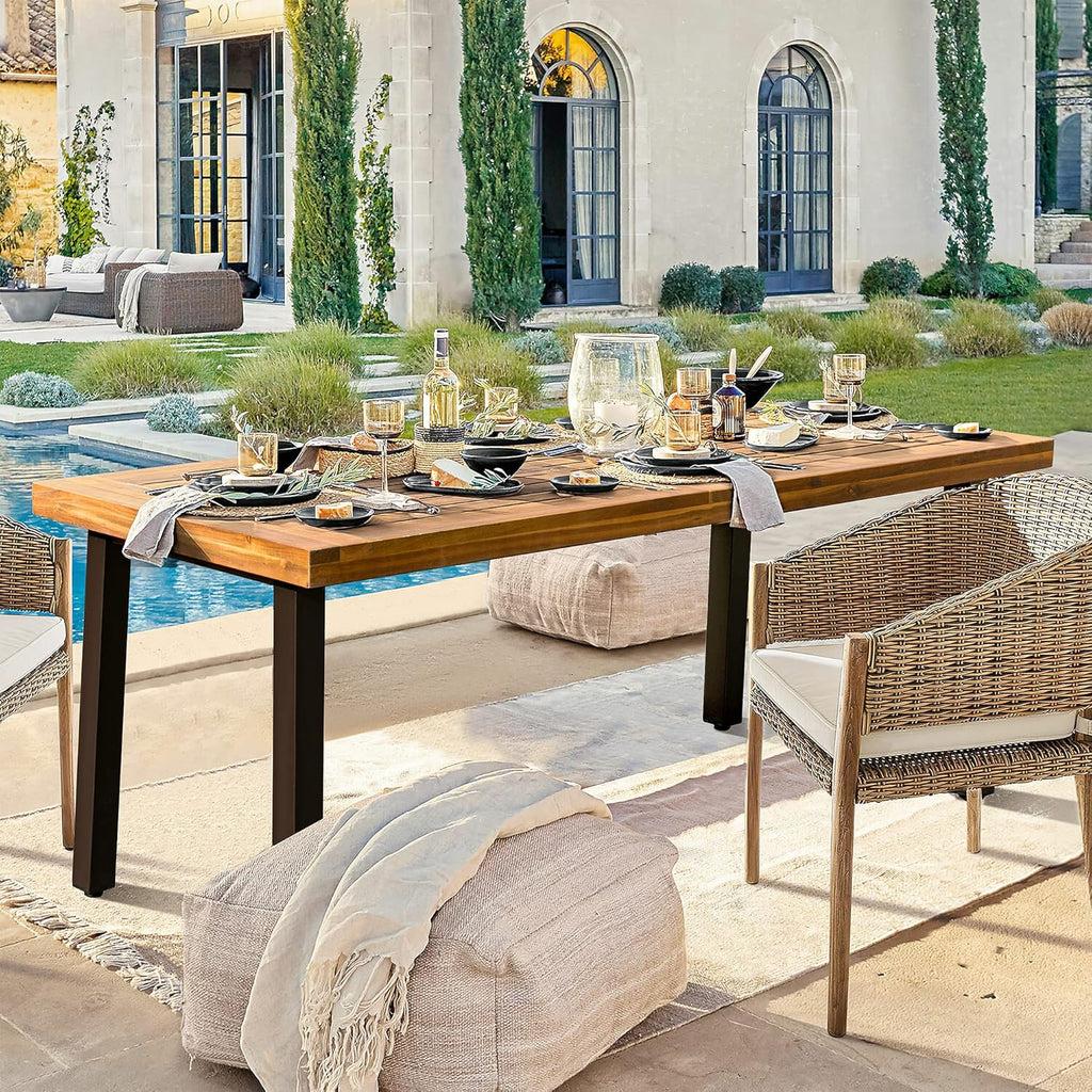 Devoko Home Acacia Wood Dining Table 6-Person Indoor Outdoor Table Iron Legs Sandblast Finish wourant