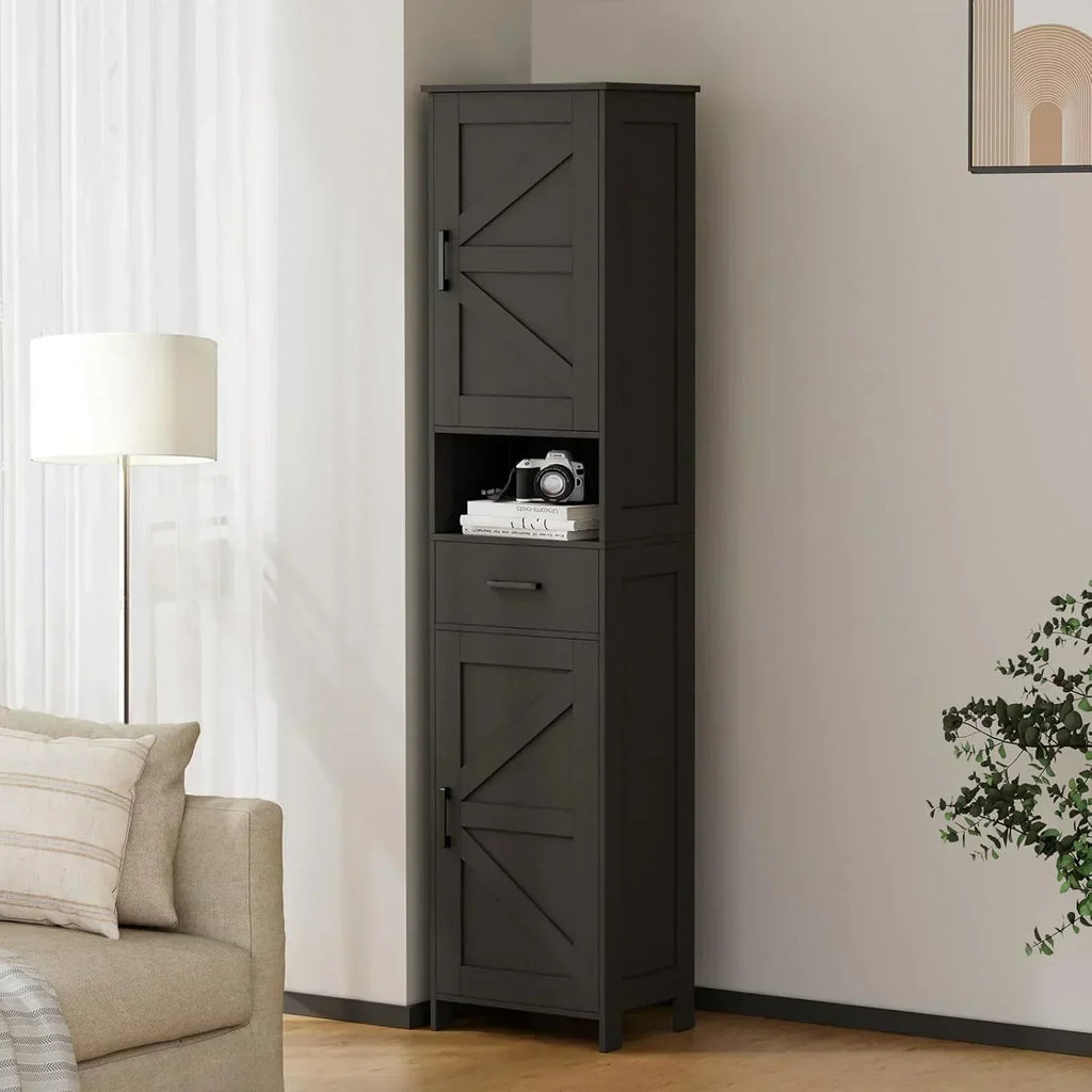 Homhedy 67" H Tall Bathroom Storage Cabinet with 2 Barn Doors and 1 Drawer Narrow Storage Unit wourant