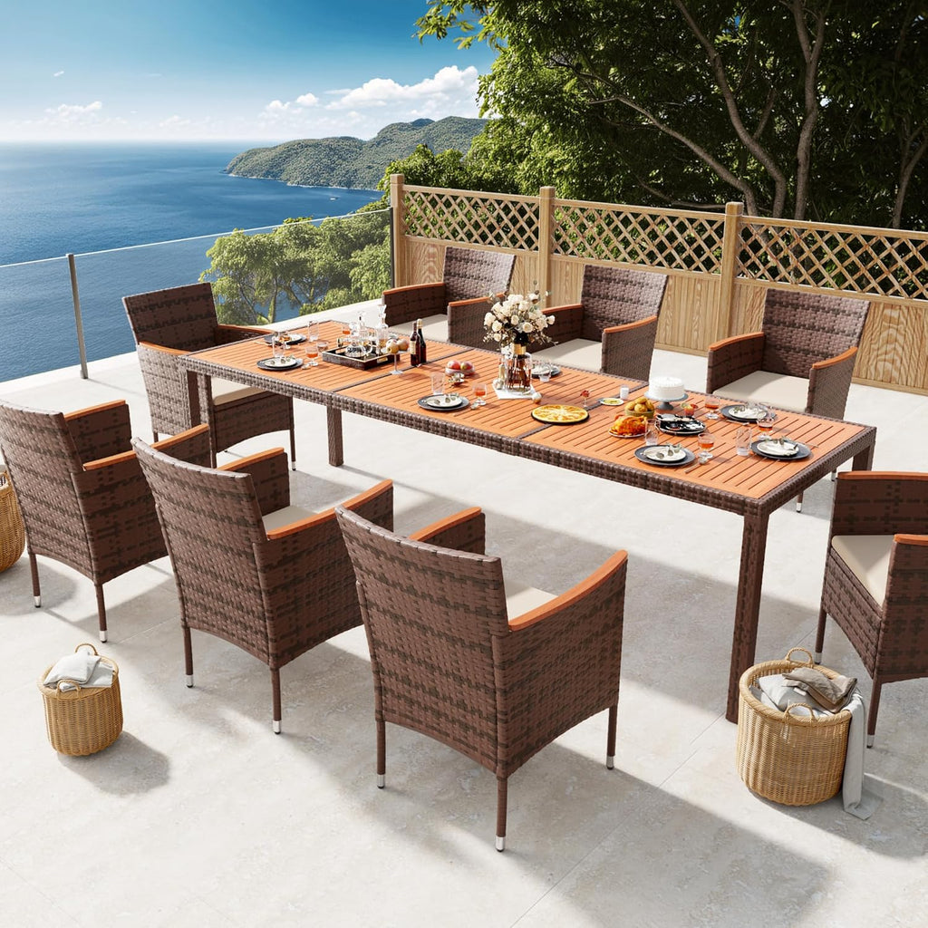 Devoko Dining 7 PCS Furniture Patio Conversation Set with Acacia Wood Table Top Rattan Outdoor wourant
