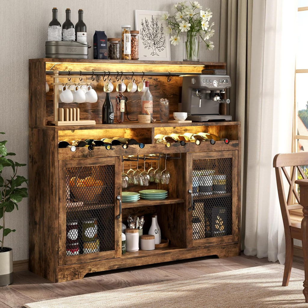 Wine Bar Cabinet with LED Light Liquor Cabinet with Glass Holder Coffee Bar for Liquor wourant