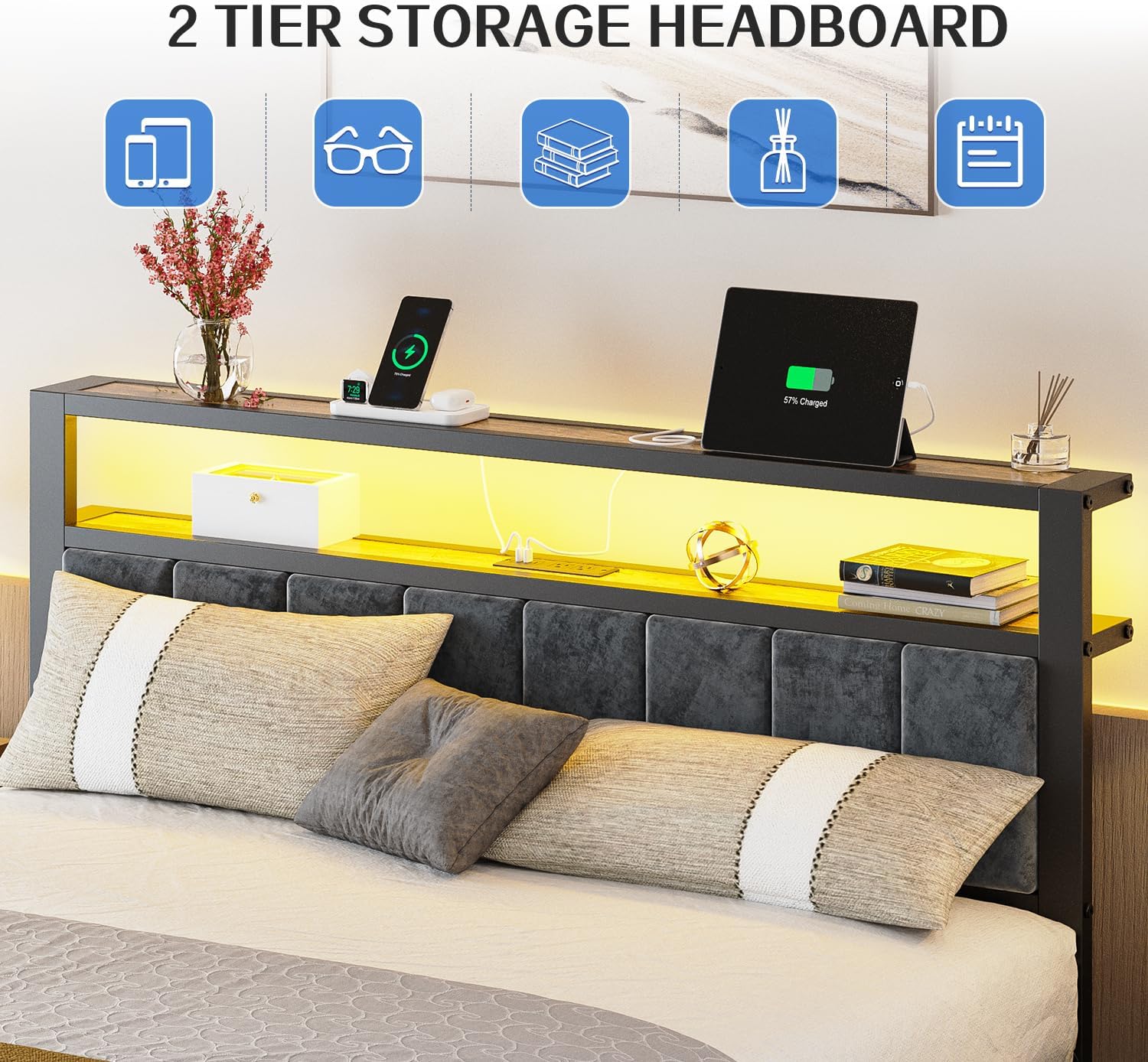 Queen Size Bed Frame with 2-Tier Storage Shelves Headboard Platform Bed with Charging Station wourant