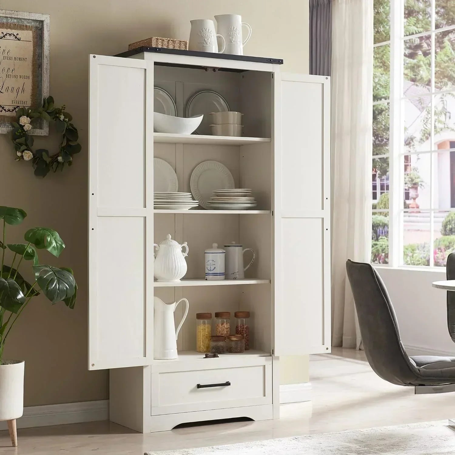JXQTLINGMU Farmhouse Kitchen Pantry 72" Tall Wood Kitchen Storage Cabinet Adjustable Shelves wourant