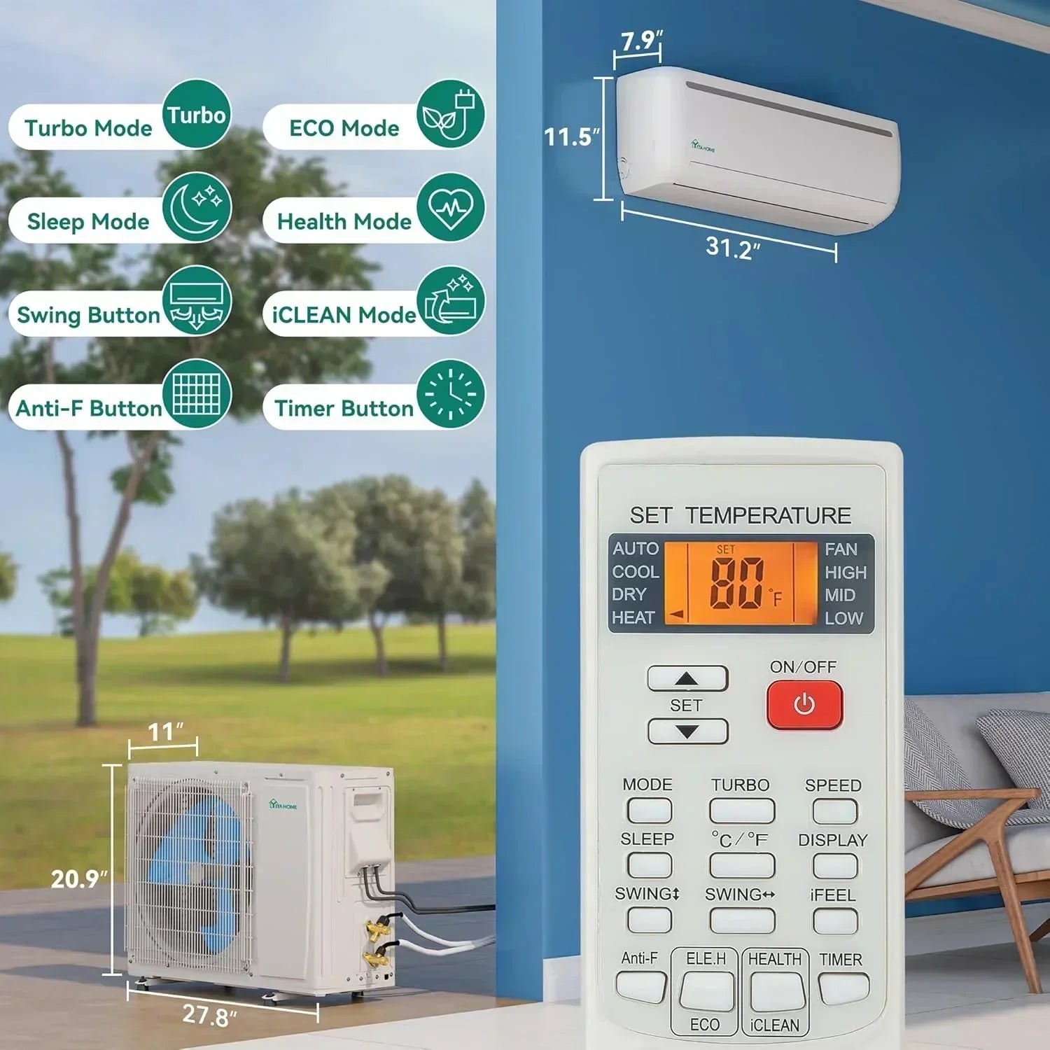 12000 BTU Mini Split Air Conditioner Heat Pump System Wifi Enabled 20 SEER2 115V Inverter Ductless wourant