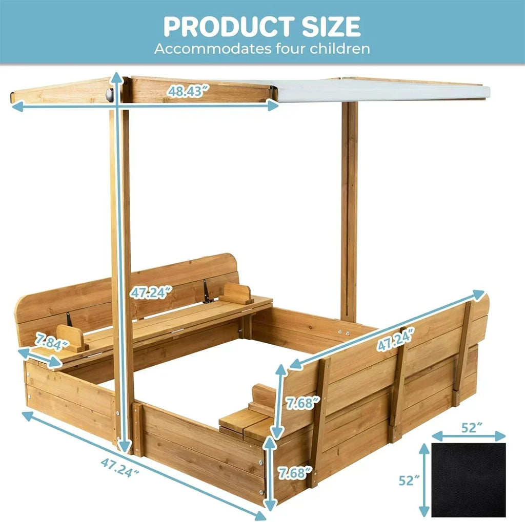 Kids Sandbox with Lid Wooden Sand Box Cover Outdoor UV-Protection Natural Wood Foldable Bench Seat wourant